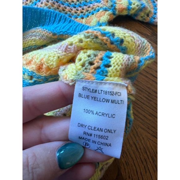 LUSH Blue Yellow Multi Crochet Knit Bell Sleeve Sweater Top Size M - Picture 6 of 7